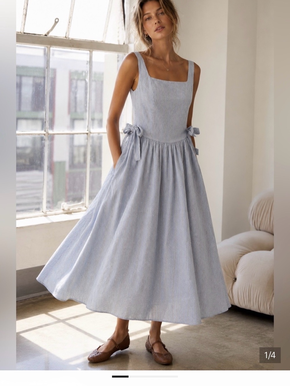 Sleeveless Light Blue Striped Midi Dress with Tie Details